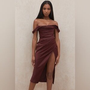House of CB Rhoda Raisin Off Shoulder Corset Dress Brown Midi Dress